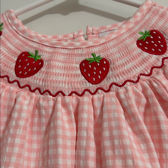 Pink Gingham Dress with Strawberry Embroidery and Smocking - Picture 2 of 7